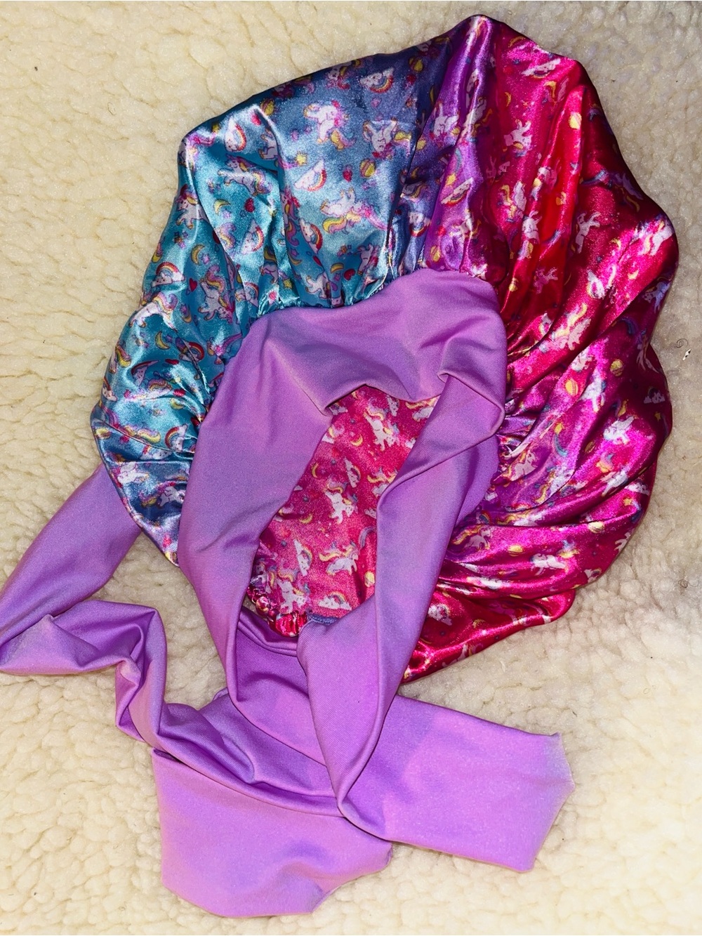 Kids Unicorn Rainbow Satin Hair Bonnet Adjustable Long Tie Sleep Cap